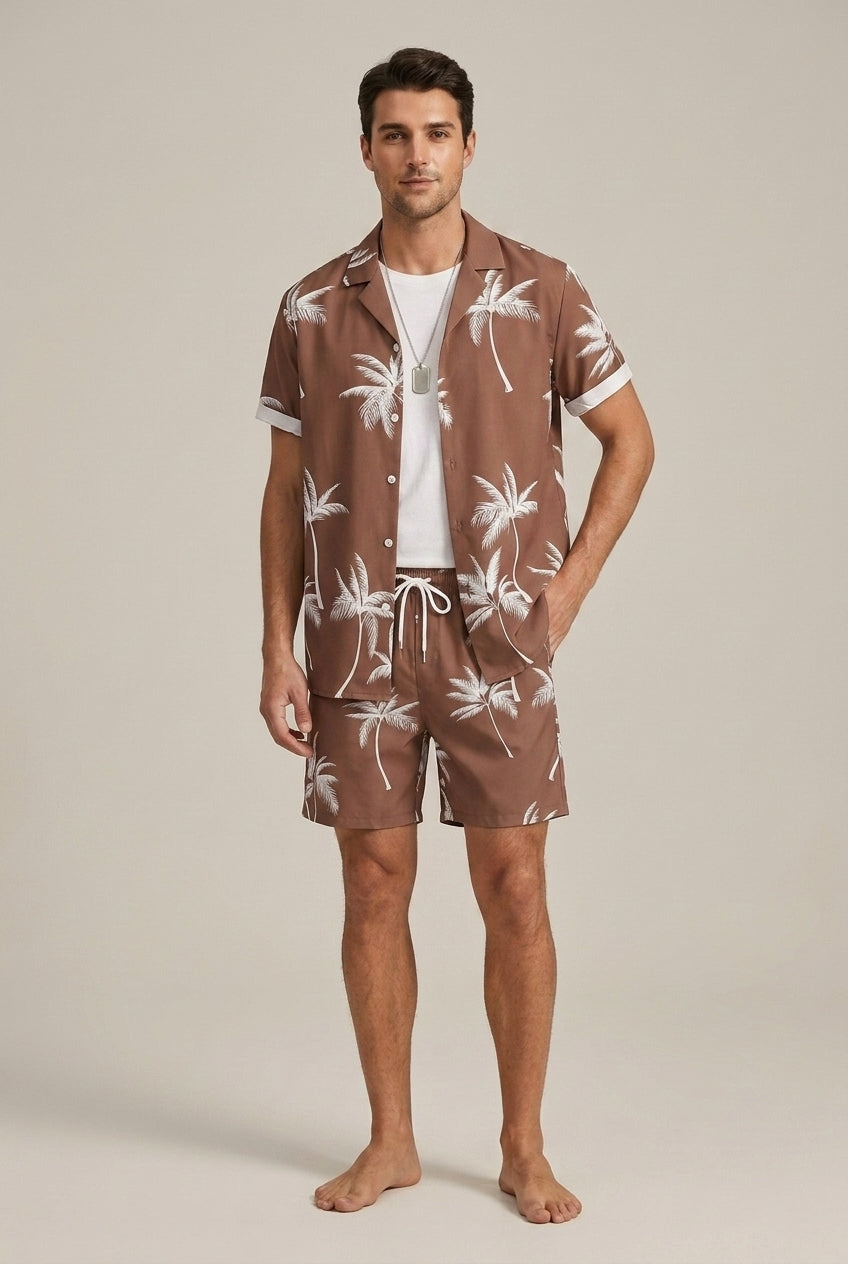 Men's Tropical Palm Pattern Short Sleeve Button Front Shirt and Coordinating Drawstring Shorts Summer Set