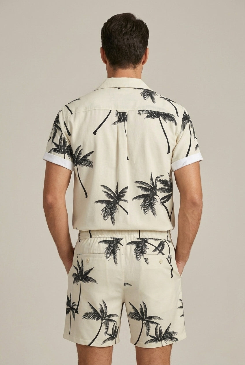 Men's Tropical Palm Pattern Short Sleeve Button Front Shirt and Coordinating Drawstring Shorts Summer Set