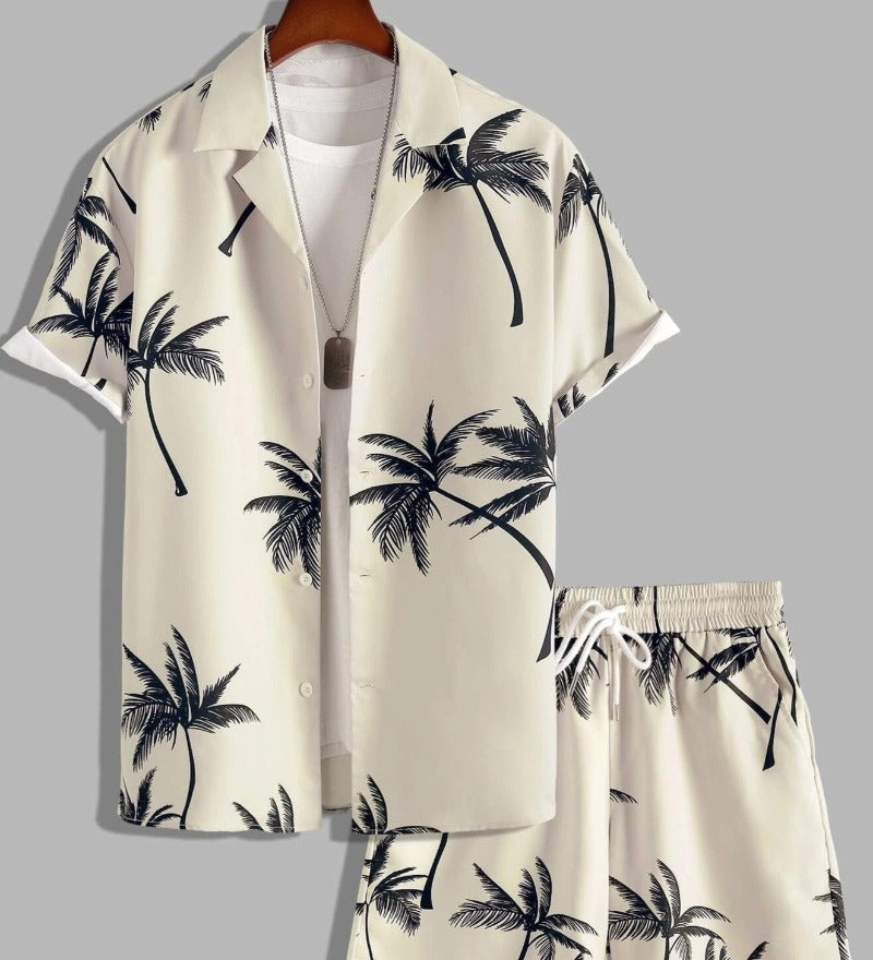 Men's Tropical Palm Print Short Sleeve Open Collar Shirt and Drawstring Shorts Two Piece Holiday Set