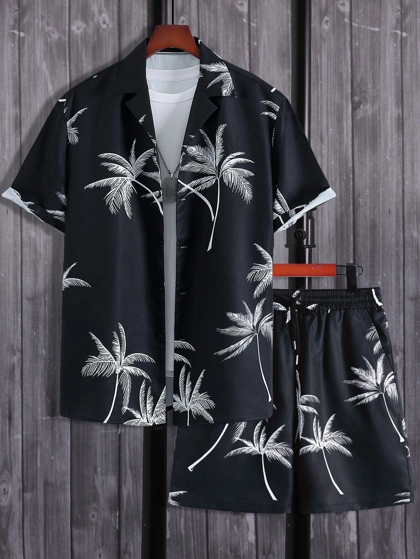 Men's Tropical Palm Print Short Sleeve Open Collar Shirt and Drawstring Shorts Two Piece Holiday Set