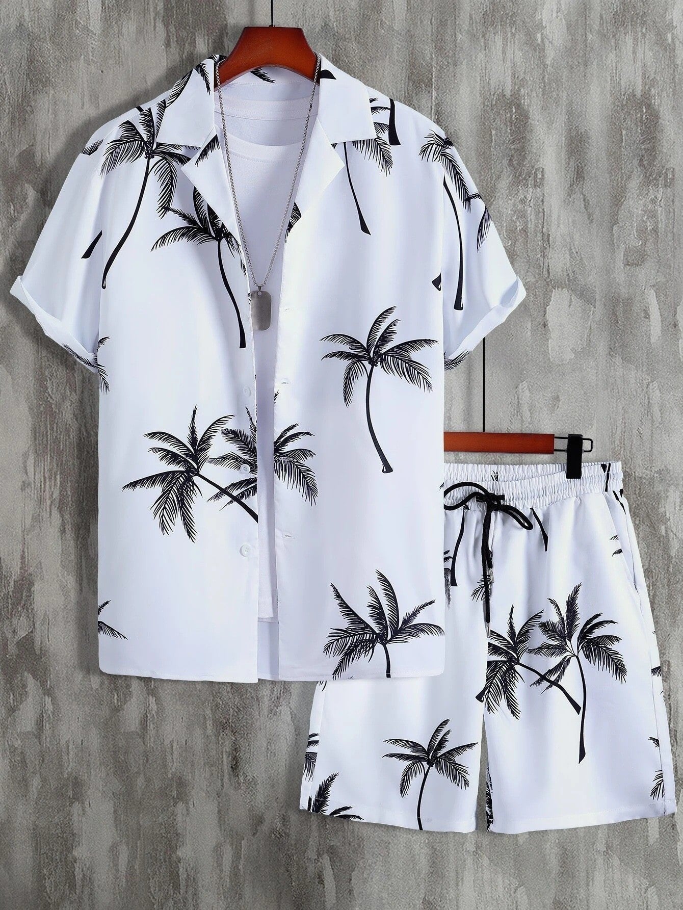 Men's Tropical Palm Print Short Sleeve Open Collar Shirt and Drawstring Shorts Two Piece Holiday Set