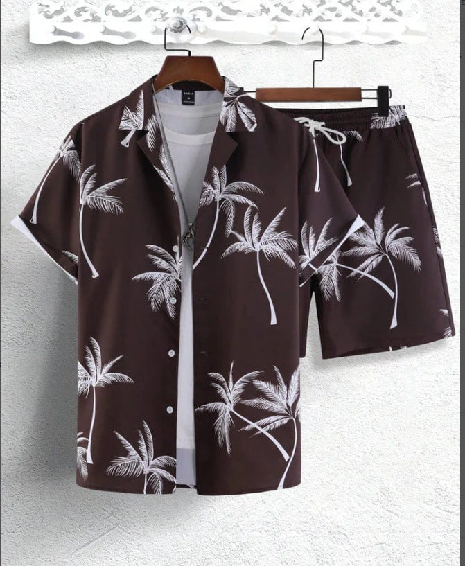 Men's Tropical Palm Print Short Sleeve Open Collar Shirt and Drawstring Shorts Two Piece Holiday Set