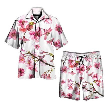 Men's Tropical Palm Print Short Sleeve Open Collar Shirt and Drawstring Shorts Two Piece Holiday Set