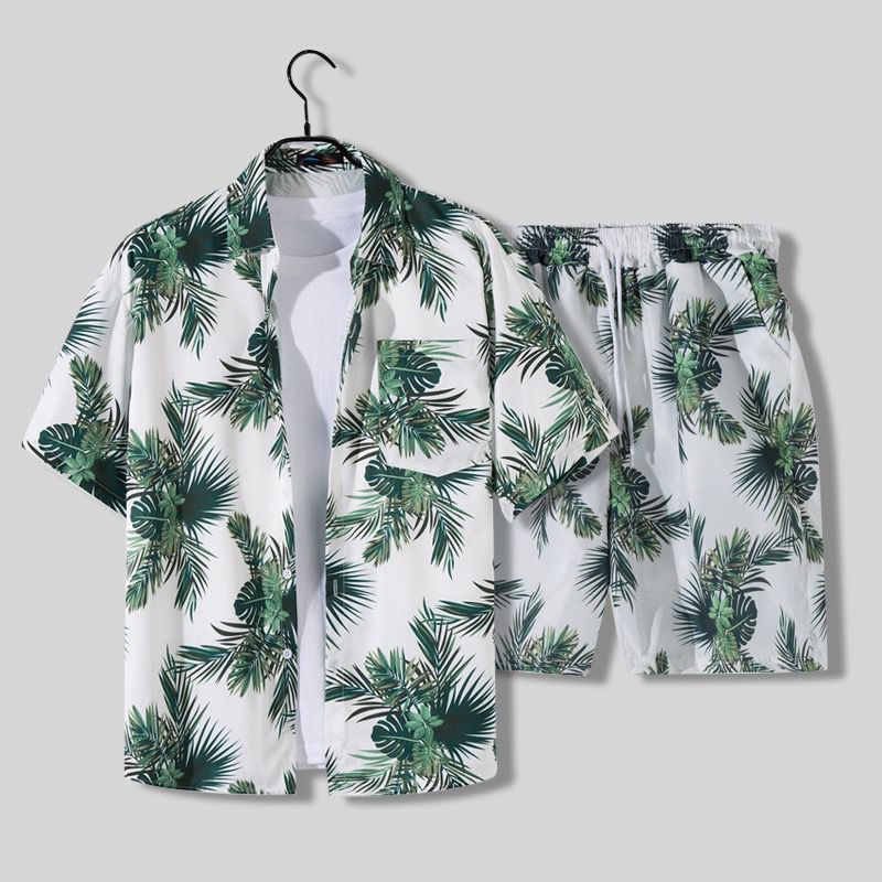 Men's Tropical Palm Print Short Sleeve Open Collar Shirt and Drawstring Shorts Two Piece Holiday Set