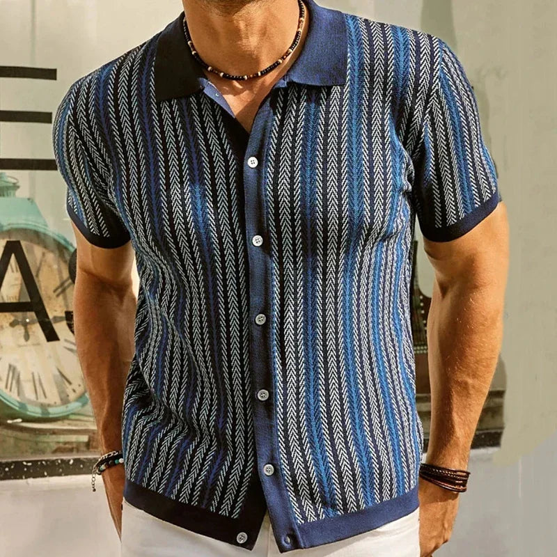 Men's Vintage Knit Polo Shirt – Stylish Stripe Design for Casual Elegance — back view