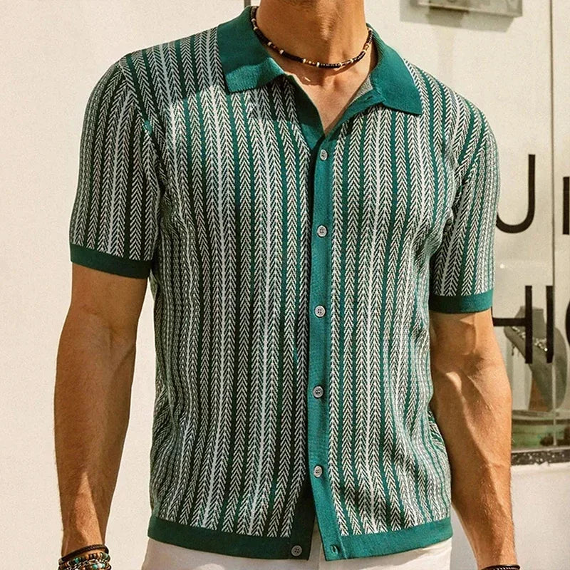 Men's Vintage Knit Polo Shirt – Stylish Stripe Design for Casual Elegance — close-up