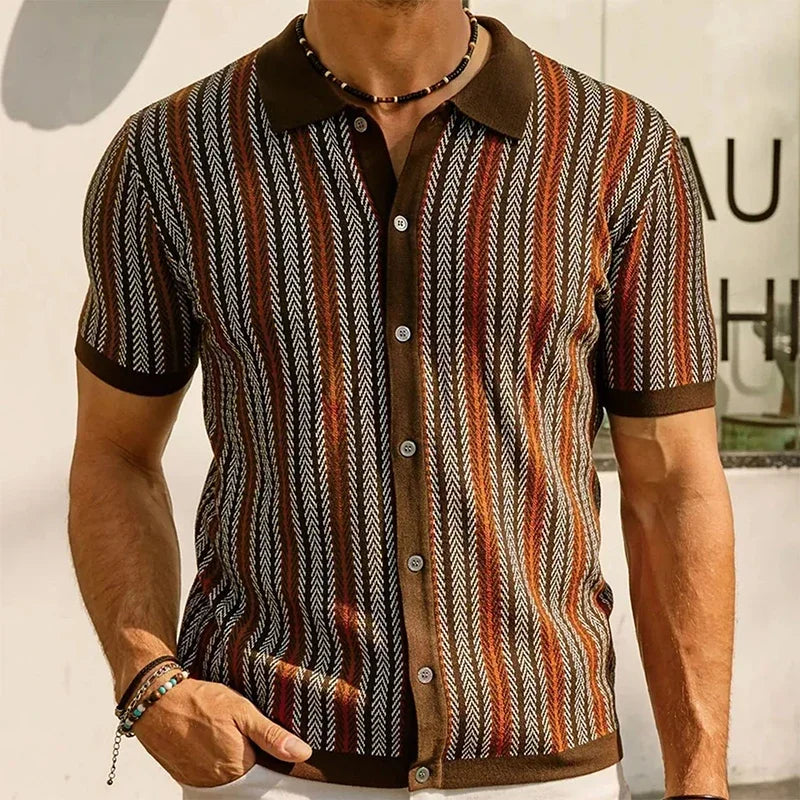 Men's Vintage Knit Polo Shirt – Stylish Stripe Design for Casual Elegance — detail view