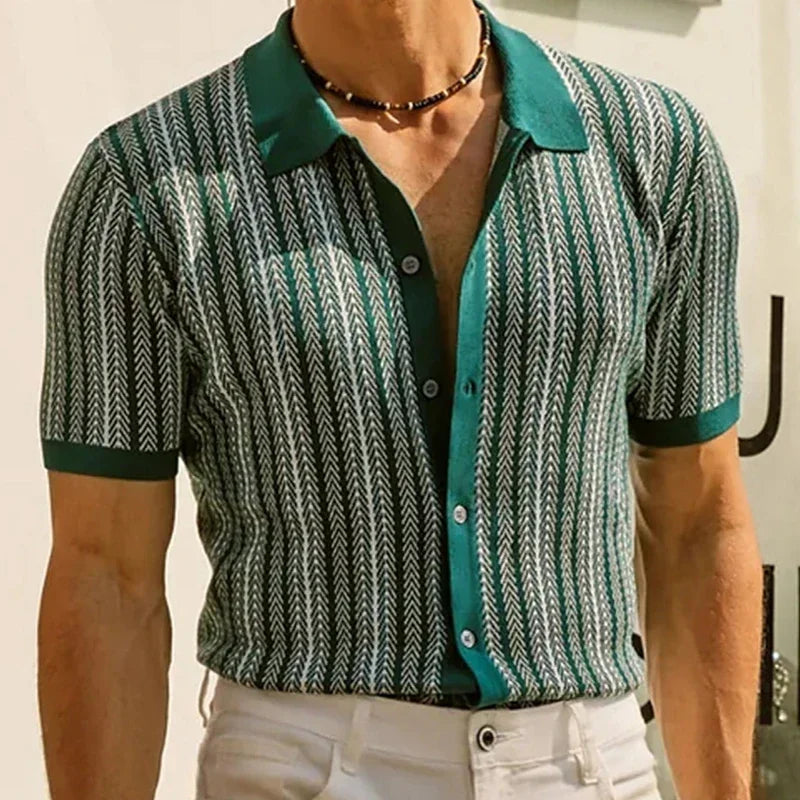 Men's Vintage Knit Polo Shirt – Stylish Stripe Design for Casual Elegance — model wearing