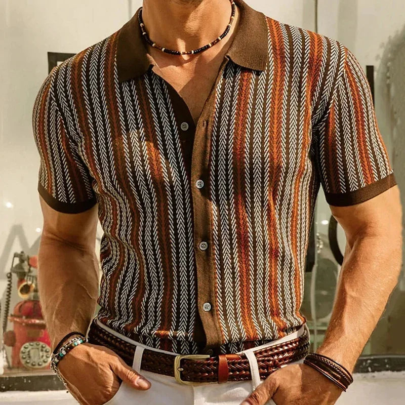 Men's Vintage Knit Polo Shirt – Stylish Stripe Design for Casual Elegance — side view