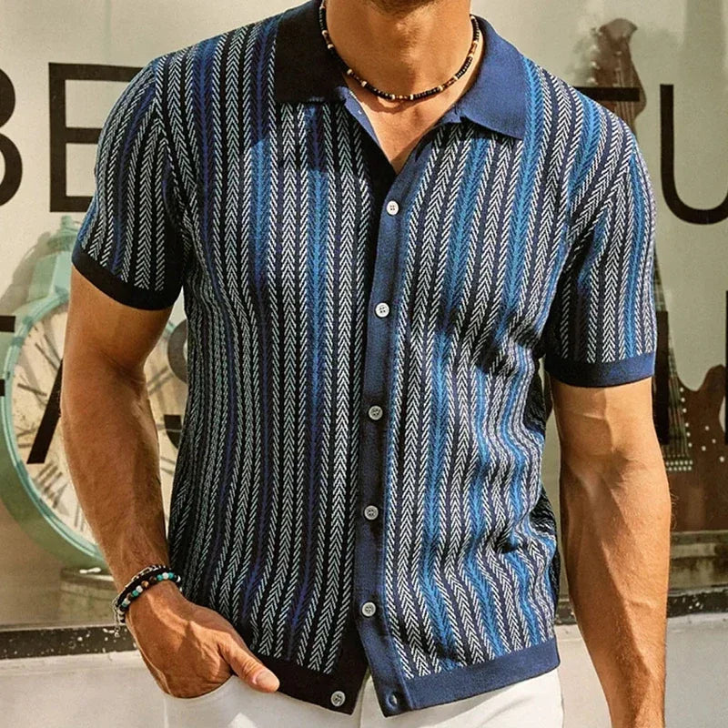Men's Vintage Knit Polo Shirt – Stylish Stripe Design for Casual Elegance