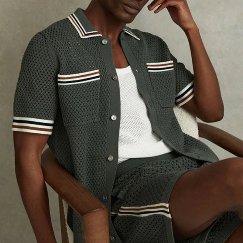 Men's Vintage Knit Shirt – Breathable Short Sleeve for Casual Summer Outings — model wearing