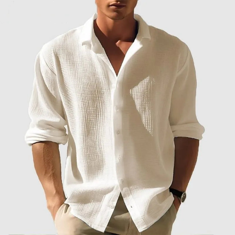 Men's Waffle Blouse – Casual Long Sleeve Button-Up Top — back view
