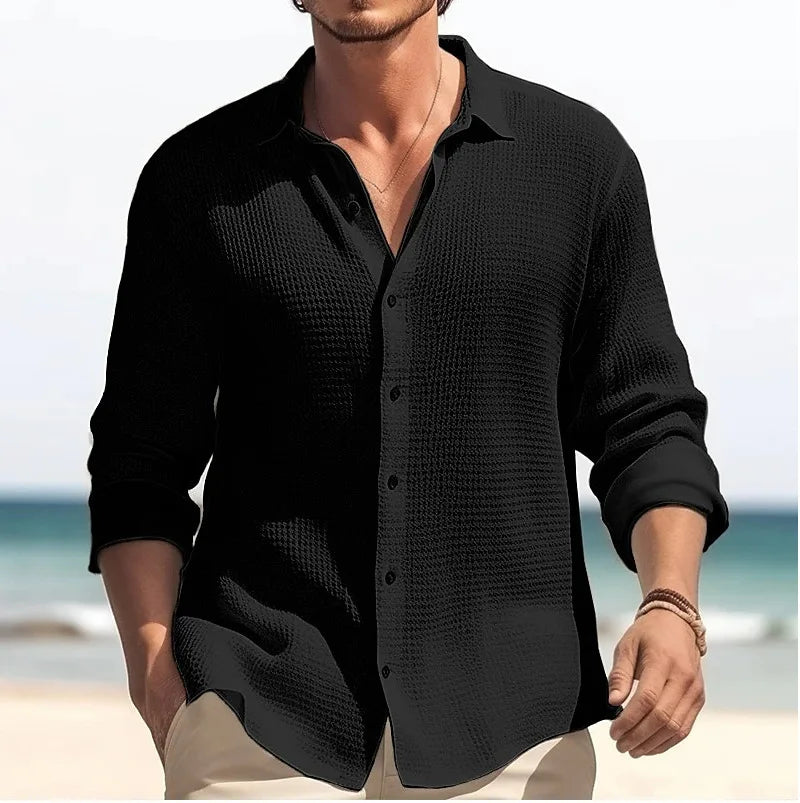 Men's Waffle Blouse – Casual Long Sleeve Button-Up Top — close-up