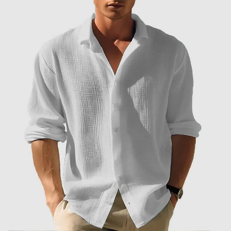 Men's Waffle Blouse – Casual Long Sleeve Button-Up Top — detail view