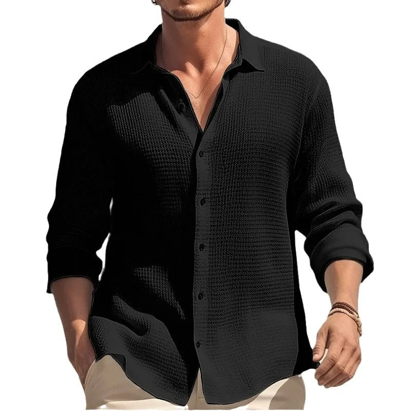 Men's Waffle Blouse – Casual Long Sleeve Button-Up Top — model wearing