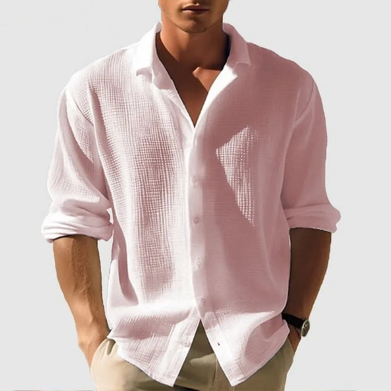 Men's Waffle Blouse – Casual Long Sleeve Button-Up Top — side view