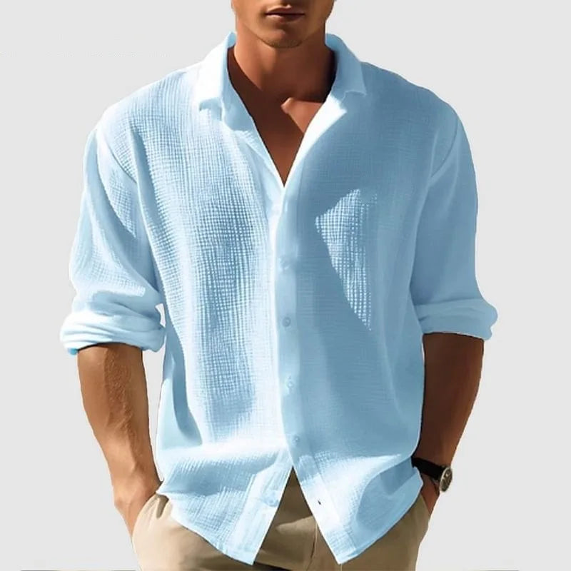 Men's Waffle Blouse – Casual Long Sleeve Button-Up Top — styling detail