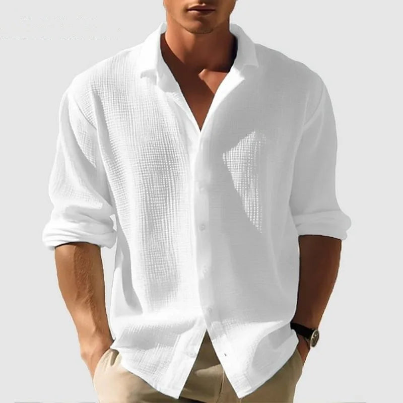 Men's Waffle Blouse – Casual Long Sleeve Button-Up Top
