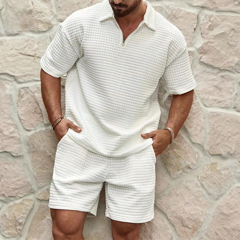Men's Waffle Knit Quarter Zip Short Sleeve Polo Top and Elasticated Shorts Two Piece Casual Summer Set