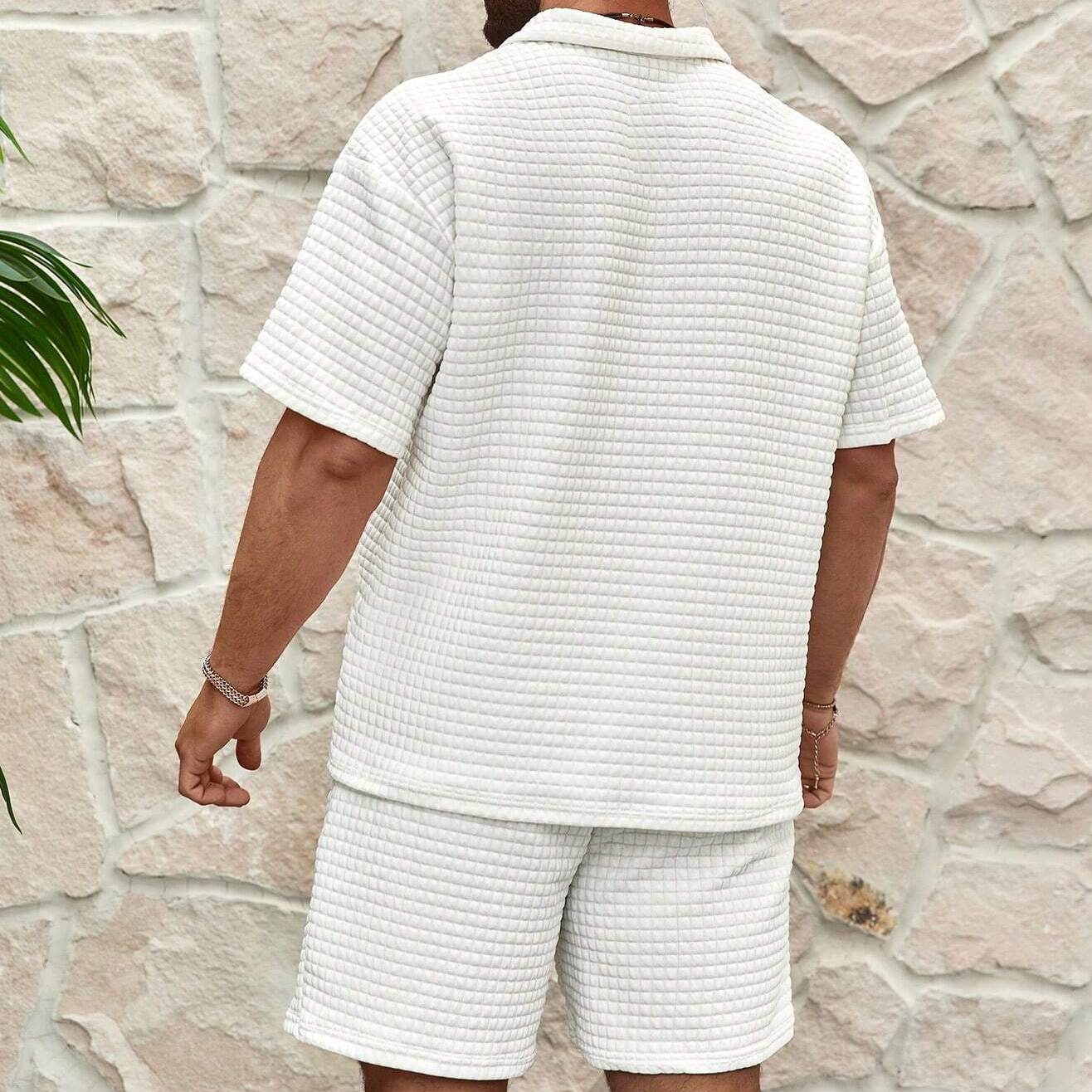 Men's Waffle Knit Quarter Zip Short Sleeve Polo Top and Elasticated Shorts Two Piece Casual Summer Set
