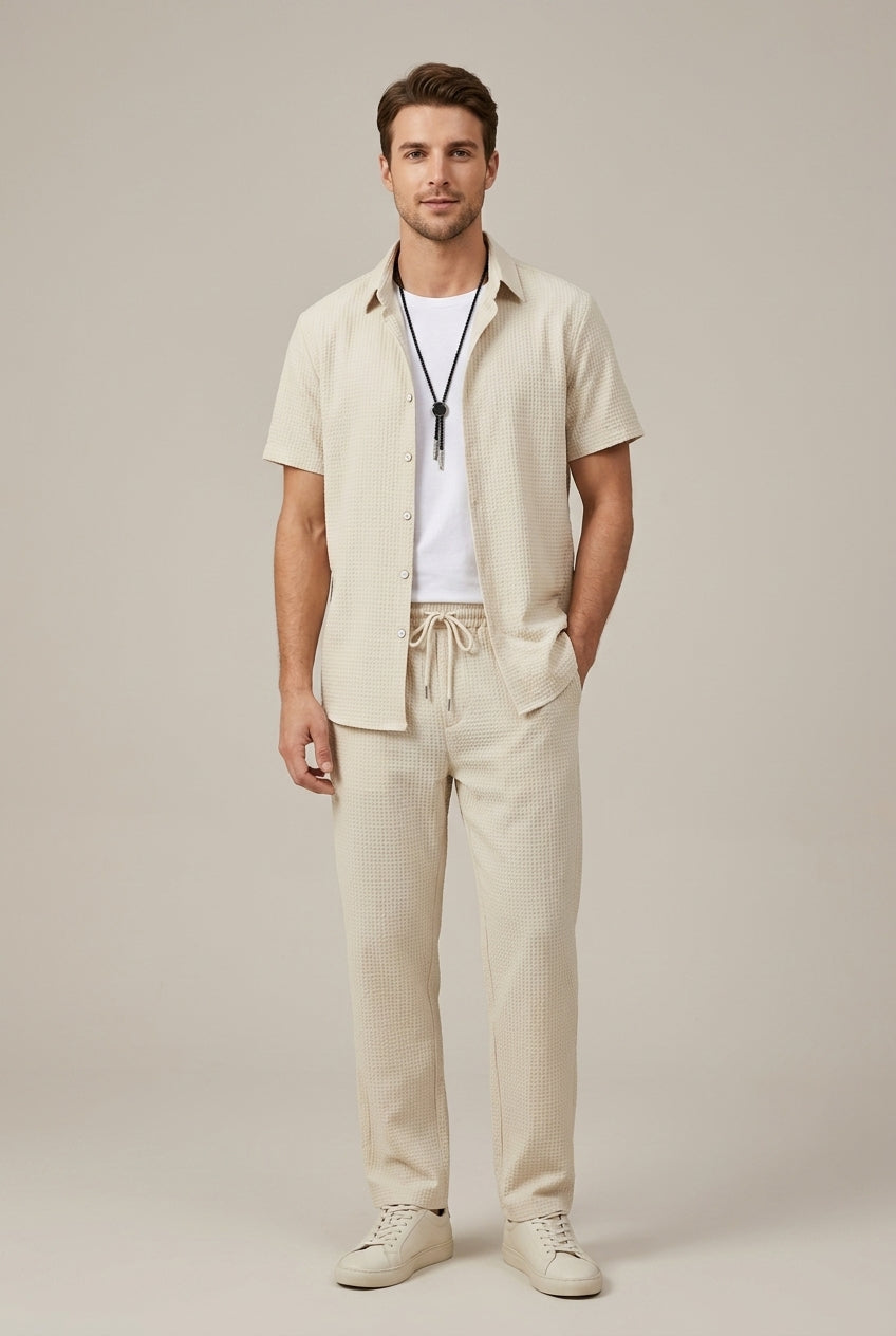 Men's Waffle Knit Textured Short Sleeve Point Collar Shirt and Tailored Straight Leg Trousers Two Piece Set
