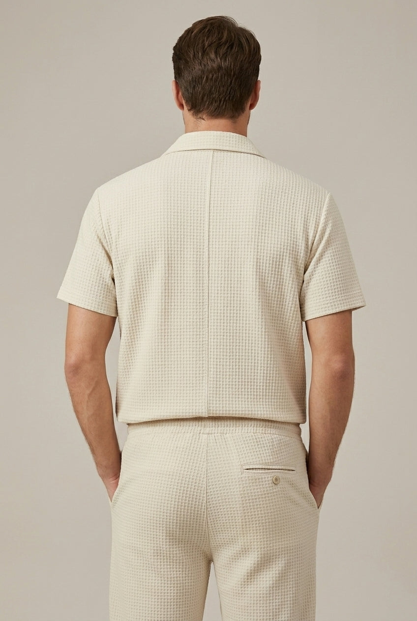 Men's Waffle Knit Textured Short Sleeve Point Collar Shirt and Tailored Straight Leg Trousers Two Piece Set