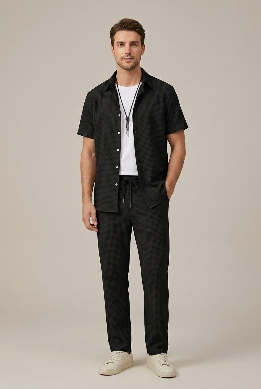 Men's Waffle Knit Textured Short Sleeve Point Collar Shirt and Tailored Straight Leg Trousers Two Piece Set