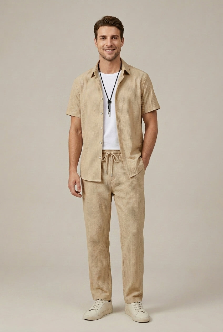 Men's Waffle Knit Textured Short Sleeve Point Collar Shirt and Tailored Straight Leg Trousers Two Piece Set