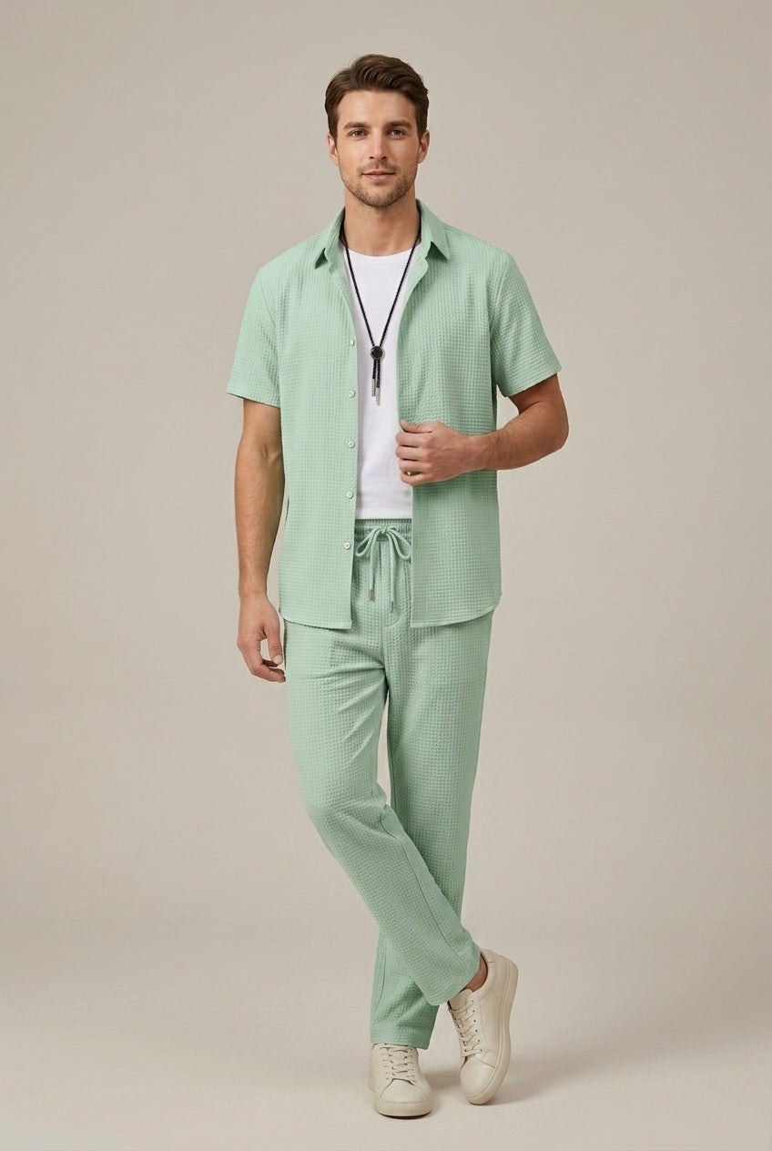Men's Waffle Knit Textured Short Sleeve Point Collar Shirt and Tailored Straight Leg Trousers Two Piece Set