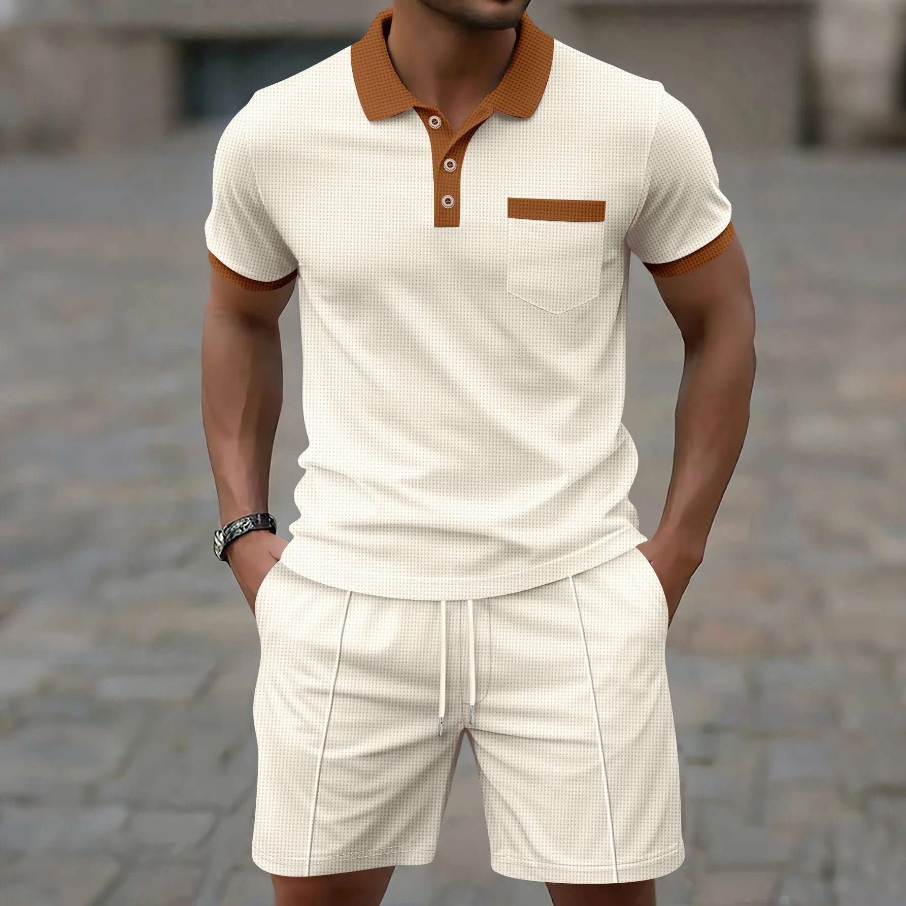 Men's Waffle Textured Short Sleeve Polo Shirt and Drawstring Shorts Two Piece Summer Set with Contrast Trim