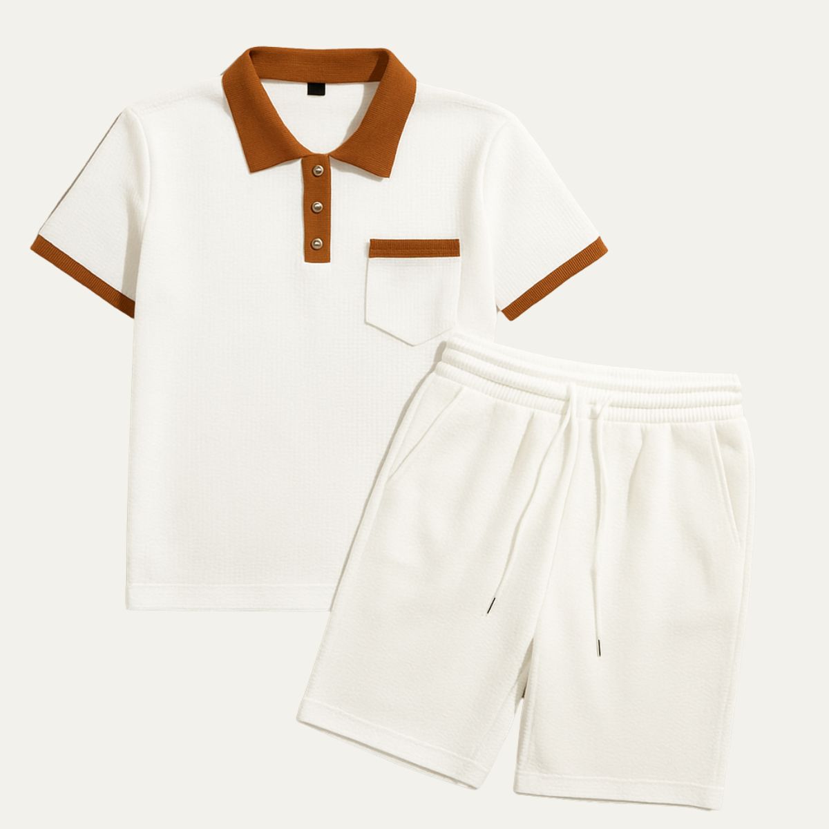 Men's Waffle Textured Short Sleeve Polo Shirt and Drawstring Shorts Two Piece Summer Set with Contrast Trim