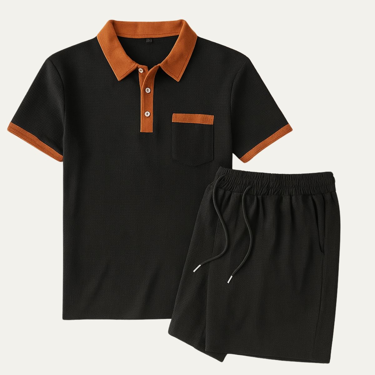 Men's Waffle Textured Short Sleeve Polo Shirt and Drawstring Shorts Two Piece Summer Set with Contrast Trim