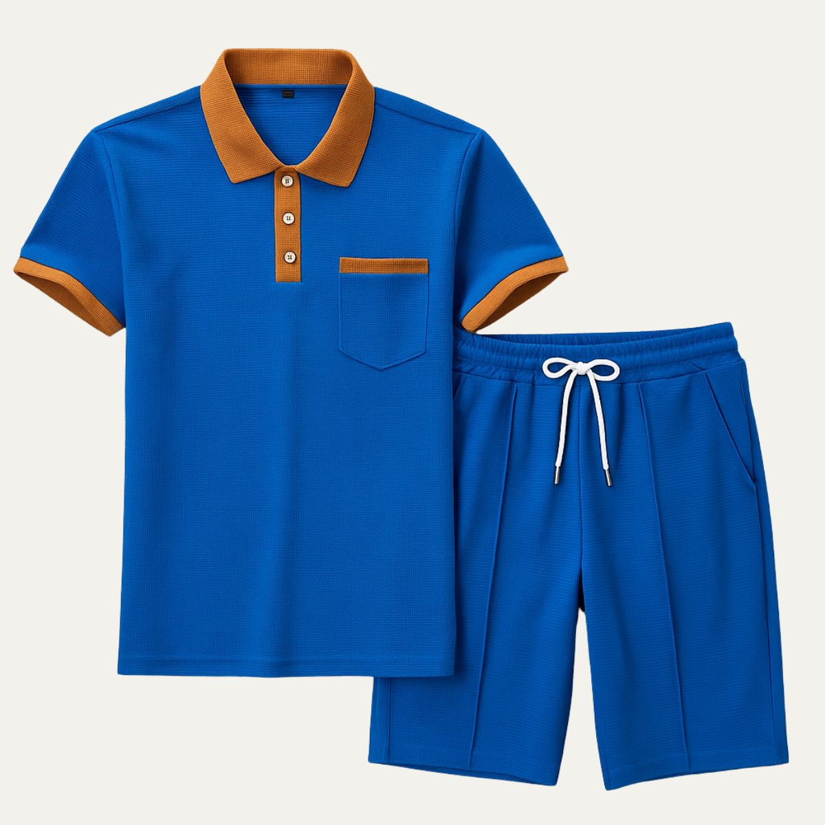 Men's Waffle Textured Short Sleeve Polo Shirt and Drawstring Shorts Two Piece Summer Set with Contrast Trim