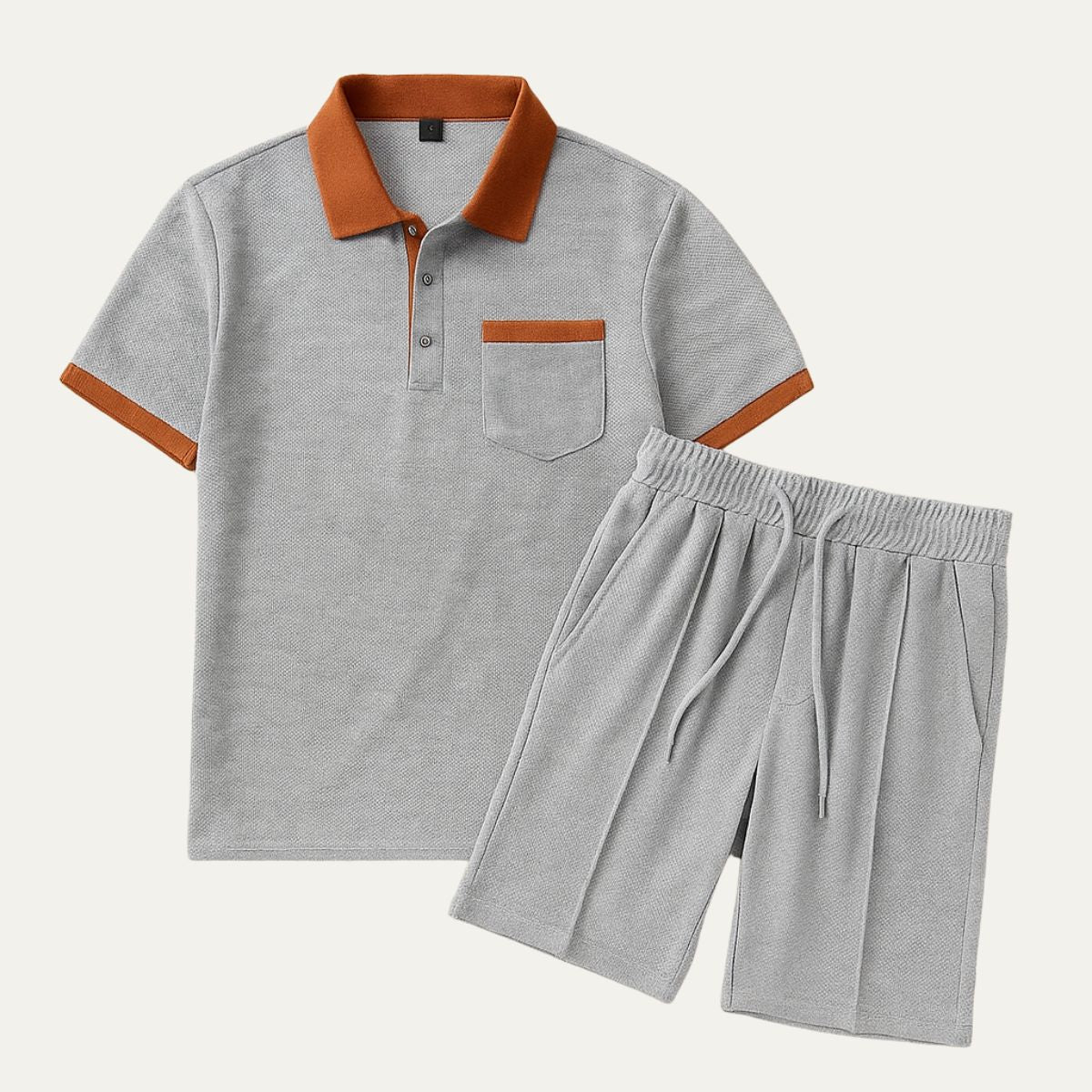 Men's Waffle Textured Short Sleeve Polo Shirt and Drawstring Shorts Two Piece Summer Set with Contrast Trim