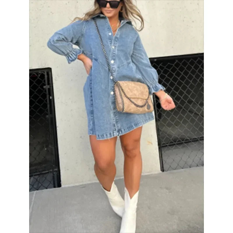Midi Dress – Stylish Lantern Sleeve A-Line Design — alternative angle
