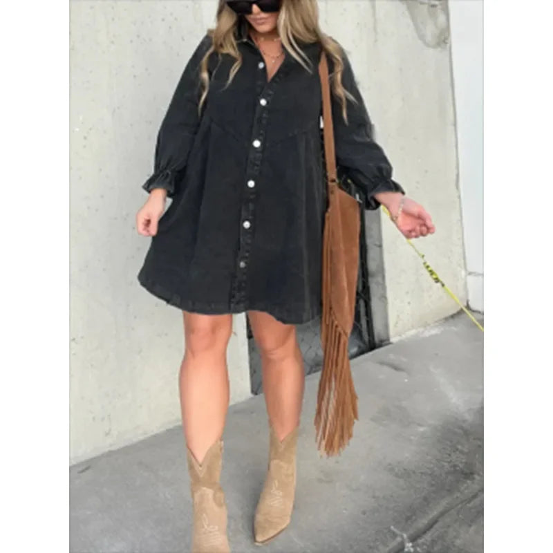 Midi Dress – Stylish Lantern Sleeve A-Line Design — back view