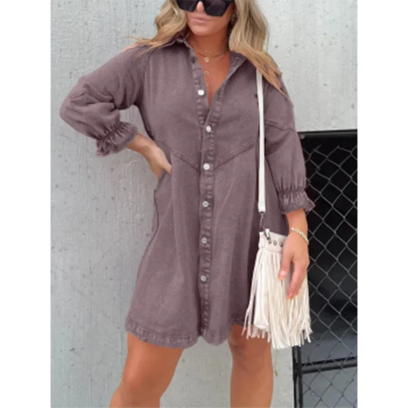 Midi Dress – Stylish Lantern Sleeve A-Line Design — close-up