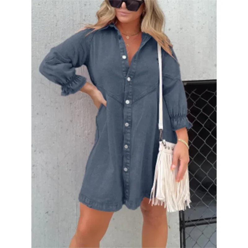 Midi Dress – Stylish Lantern Sleeve A-Line Design — model wearing