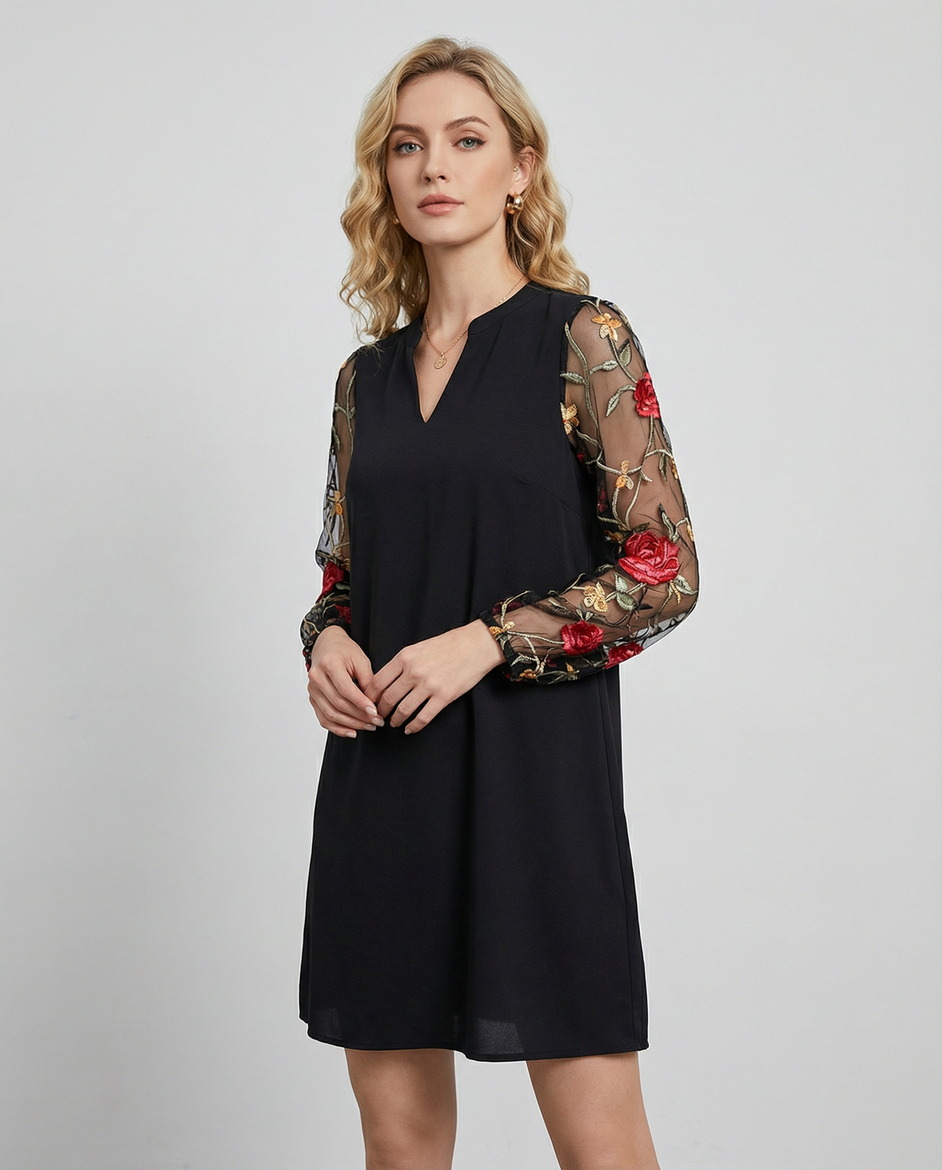 Mini Dress – Sheer V-Neck Elegant A-Line Summer Outfit — side view