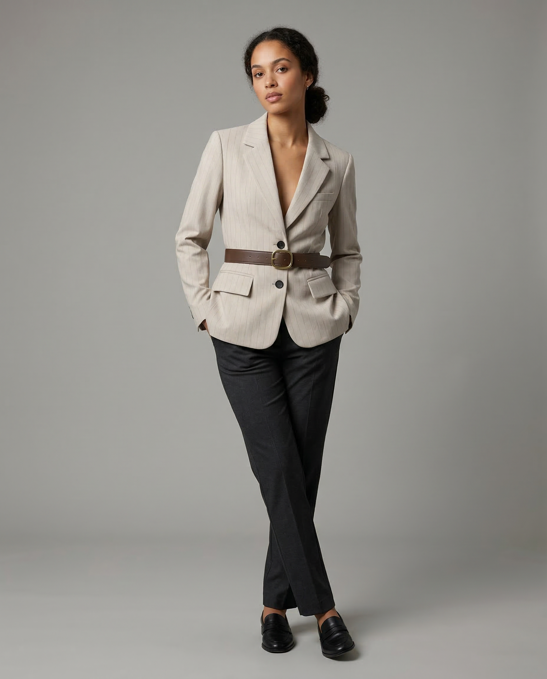 Modern Woman Suit Jacket – Chic Loose Fit with Waist Belt for Versatile Everyday Style — back view