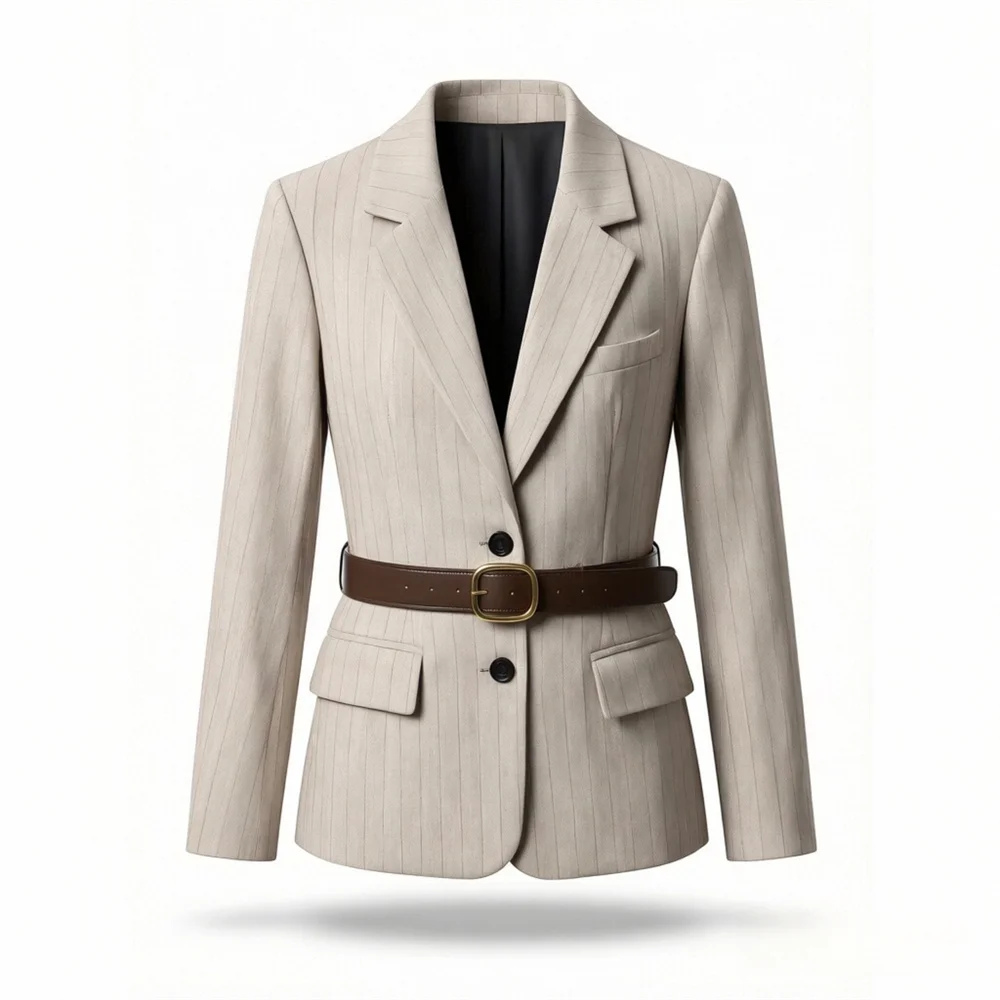 Modern Woman Suit Jacket – Chic Loose Fit with Waist Belt for Versatile Everyday Style — model wearing