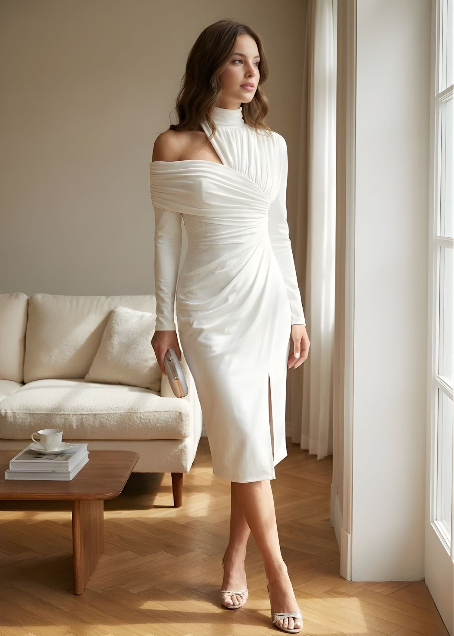 One Shoulder Long Sleeve Bodycon Midi Dress with Front Slit - Cocktail Evening Dress — back view