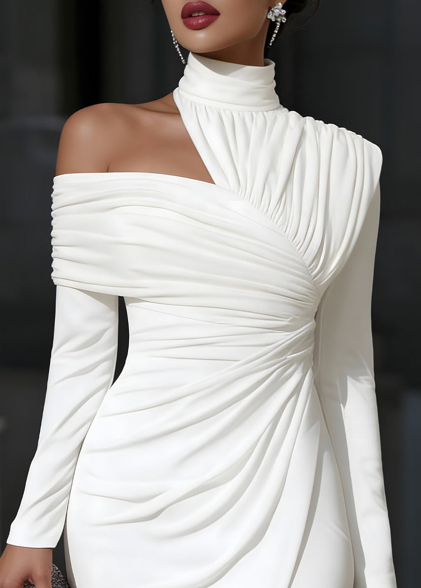 One Shoulder Long Sleeve Bodycon Midi Dress with Front Slit - Cocktail Evening Dress — fabric detail