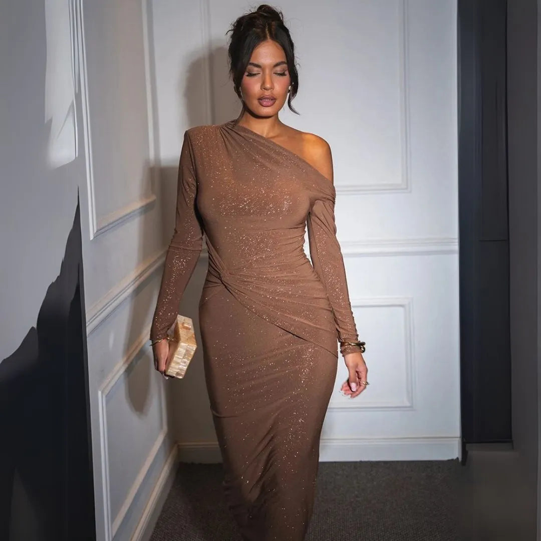 One Shoulder Long Sleeve Glitter Ruched Bodycon Maxi Dress