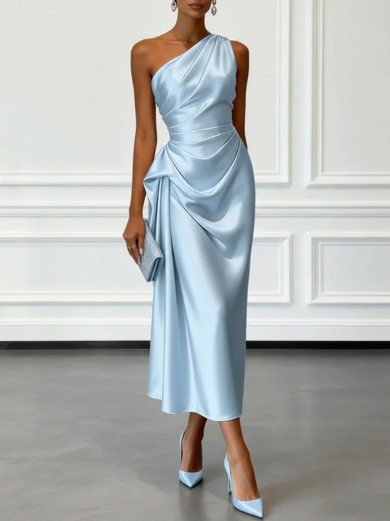 One Shoulder Ruched Satin Midi Dress for Women — back view