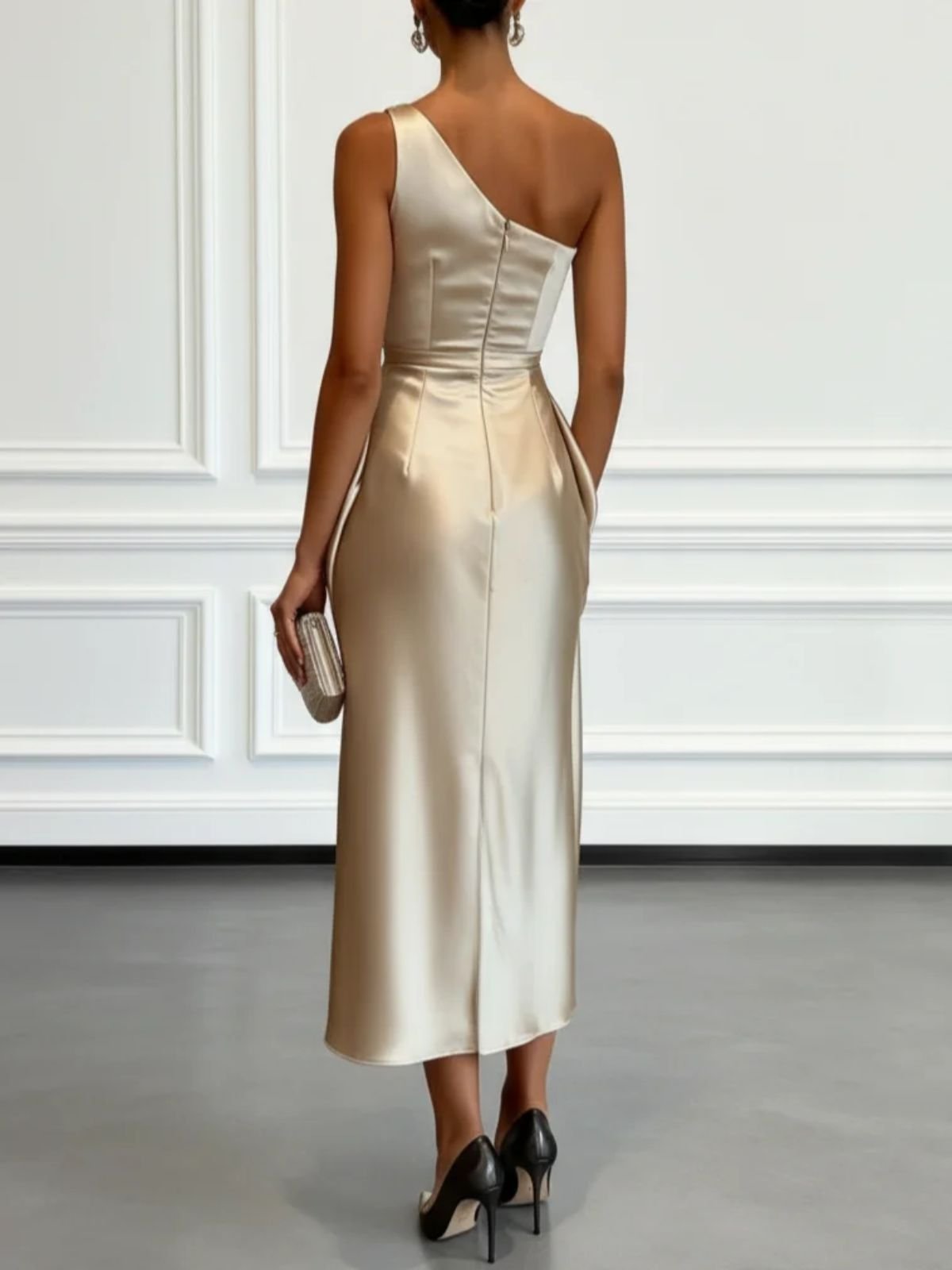 One Shoulder Ruched Satin Midi Dress for Women — close-up