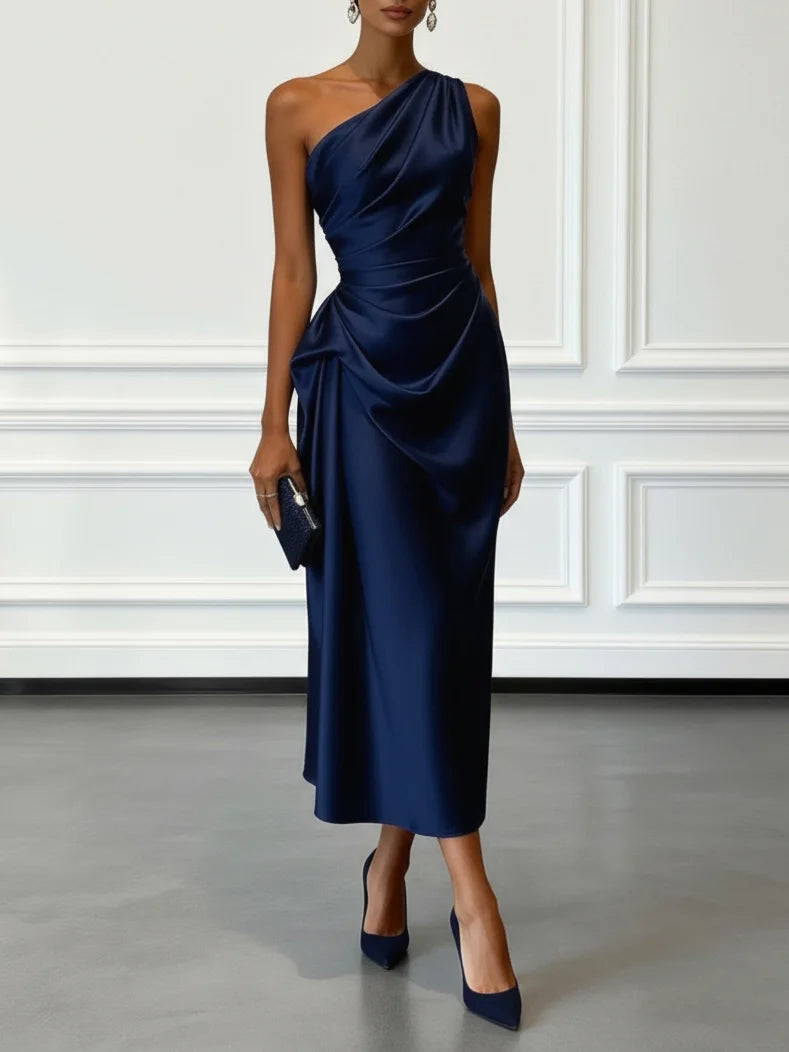 One Shoulder Ruched Satin Midi Dress for Women — detail view