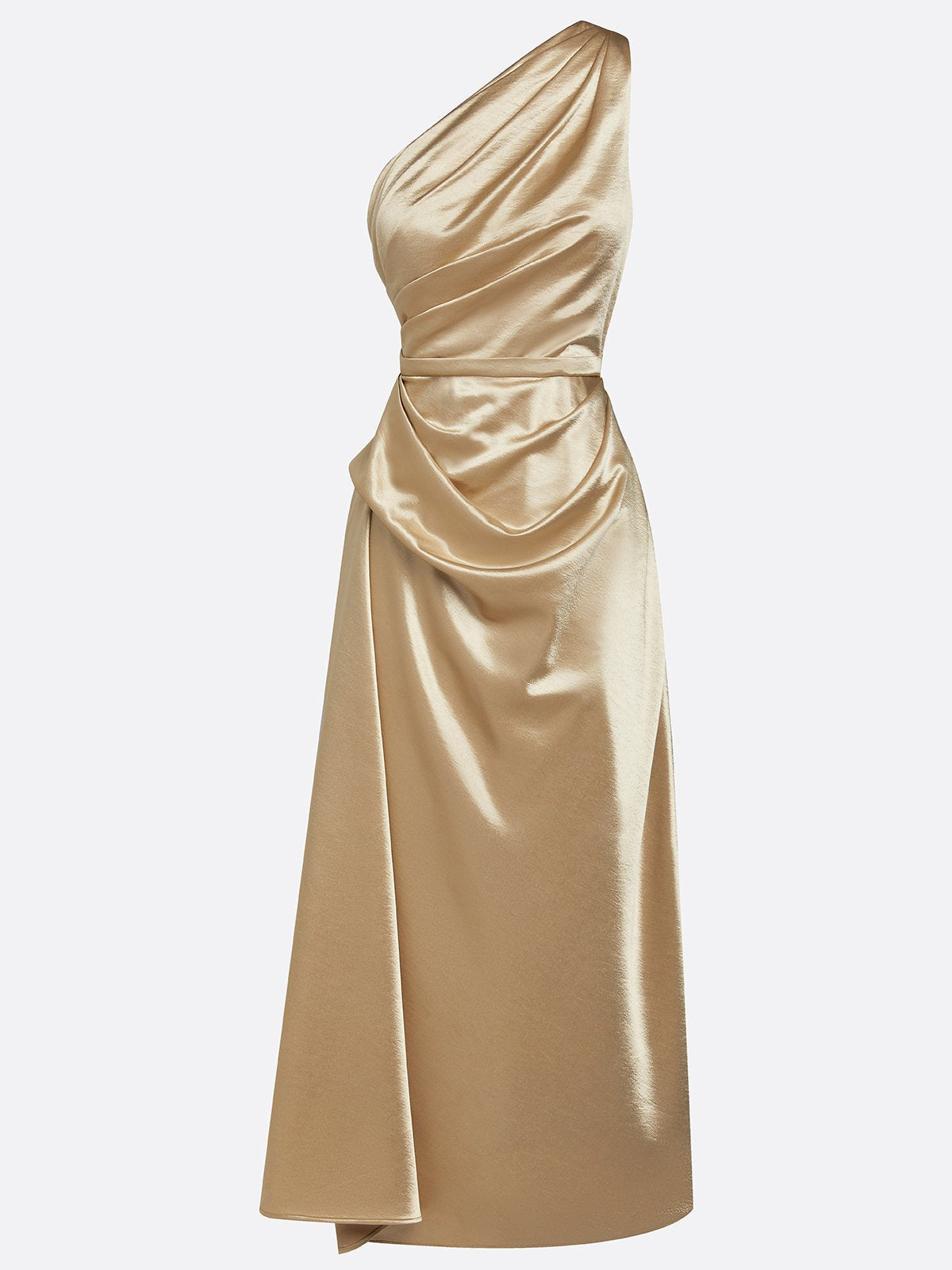 One Shoulder Ruched Satin Midi Dress for Women — fabric detail