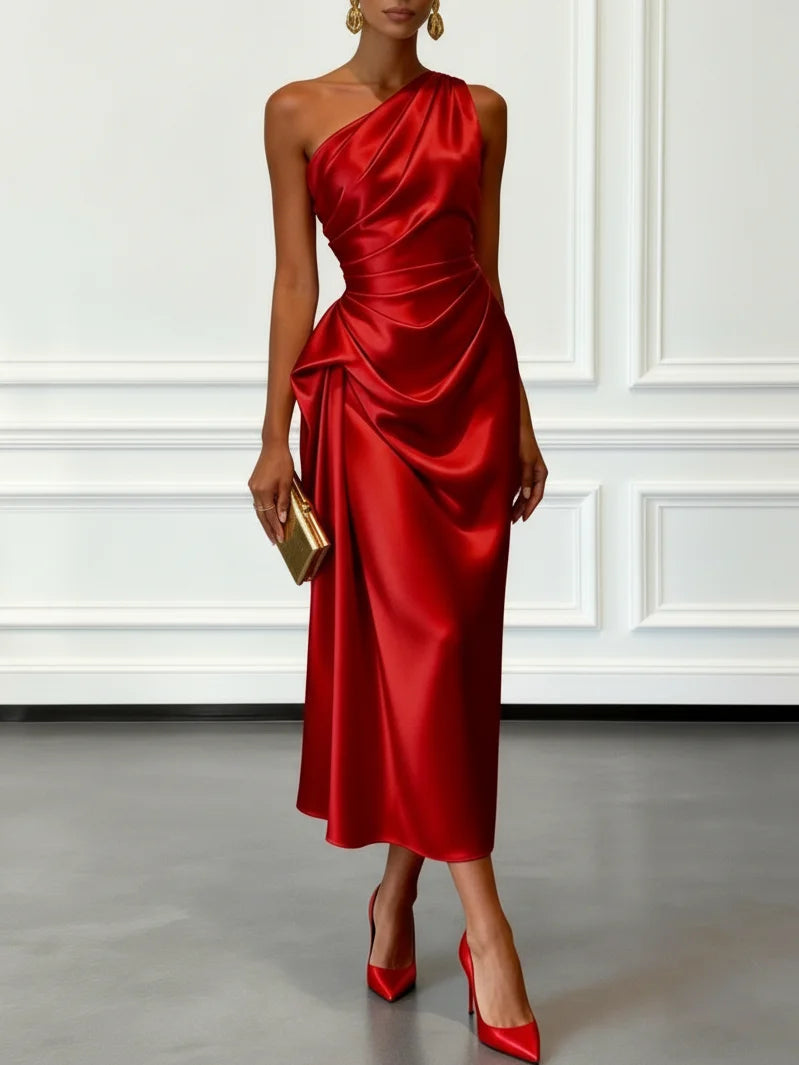 One Shoulder Ruched Satin Midi Dress for Women — model wearing