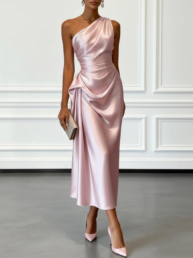 One Shoulder Ruched Satin Midi Dress for Women — side view